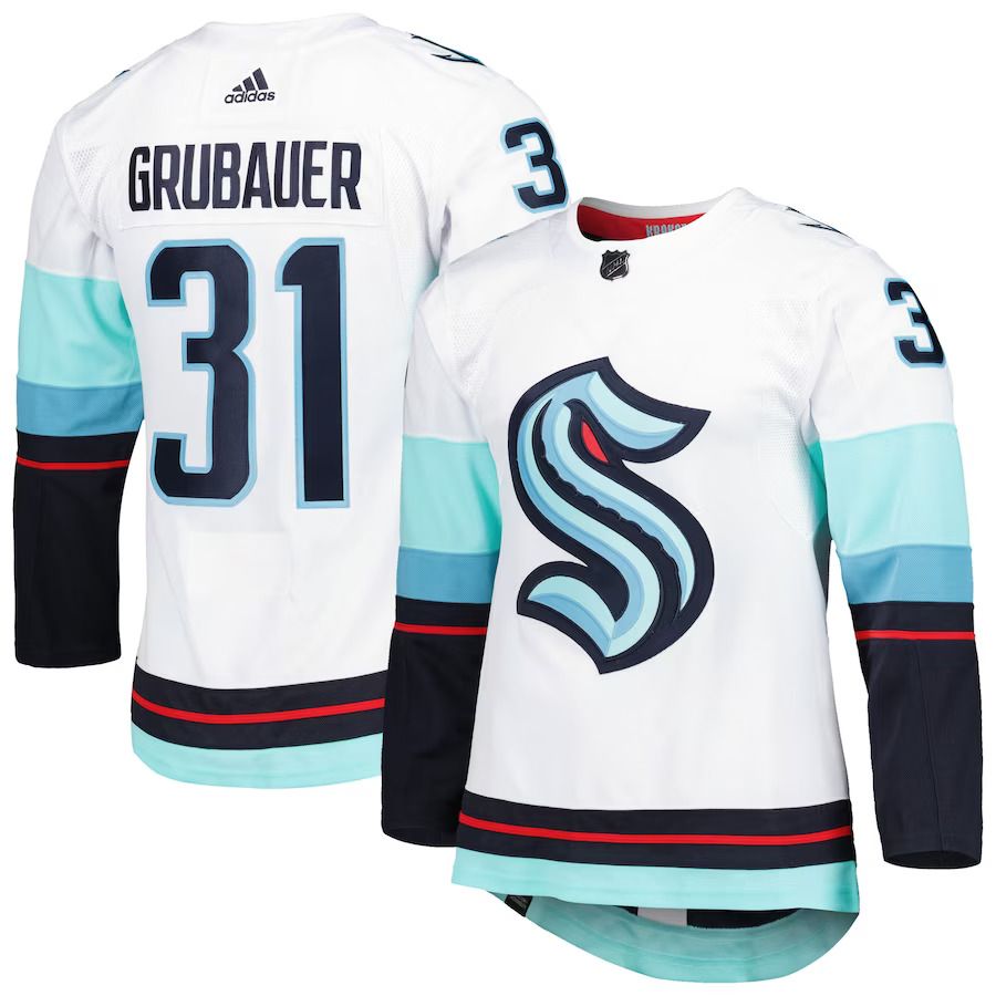 Men Seattle Kraken #31 Philipp Grubauer adidas White Primegreen Authentic Pro Away Player NHL Jersey